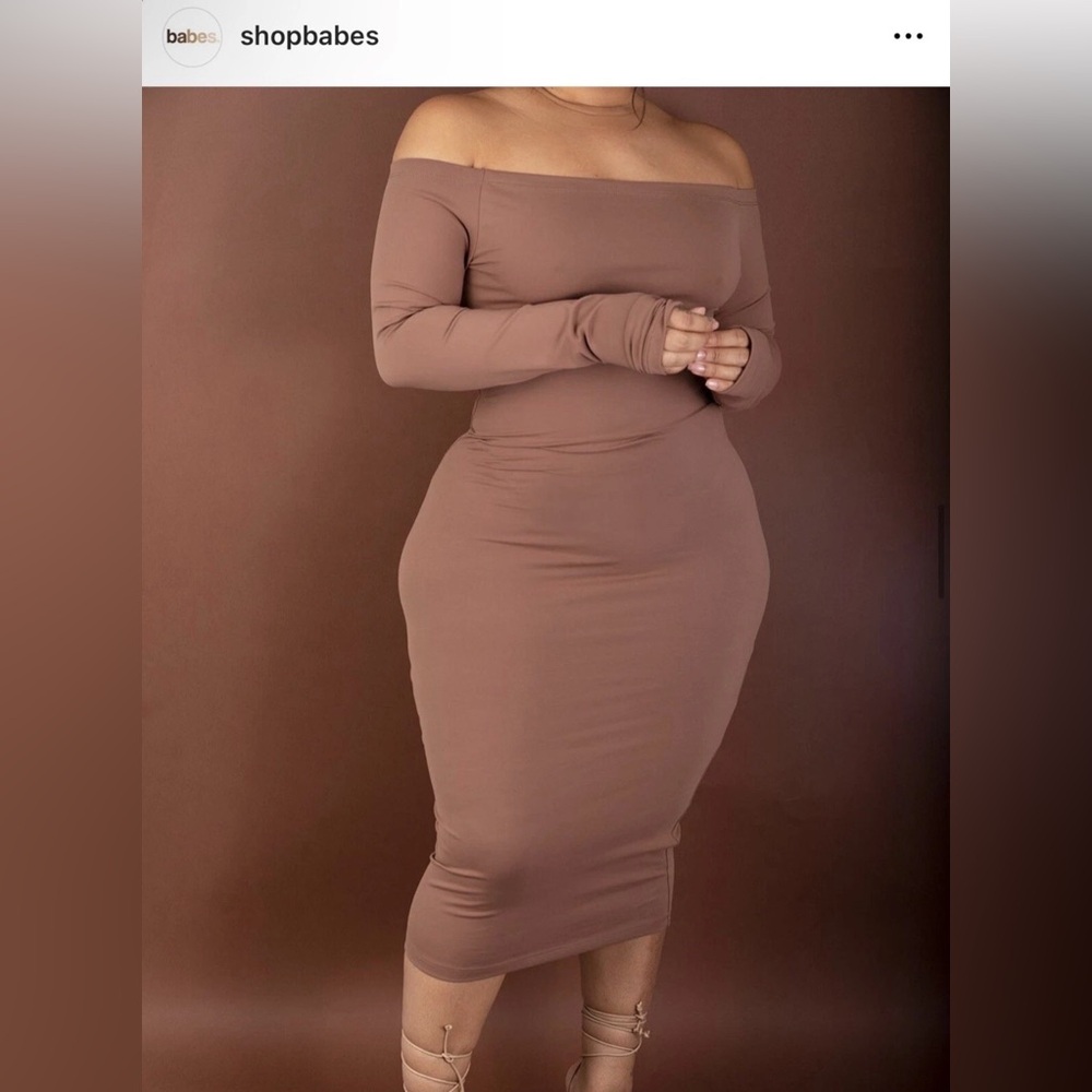 Plus Size Mocha Brown Off Shoulder Bodycon Curvy Midi Dress Long Sleeve Stretch